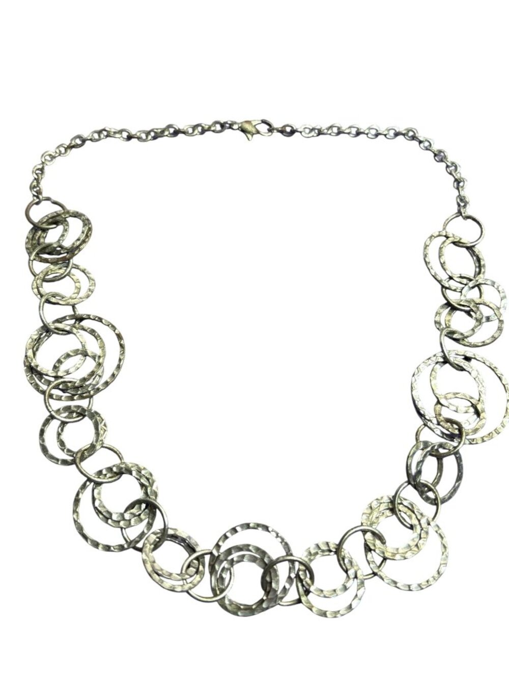 Vintage Silvertone Hammered Rings Chain Necklace 17 inches Long